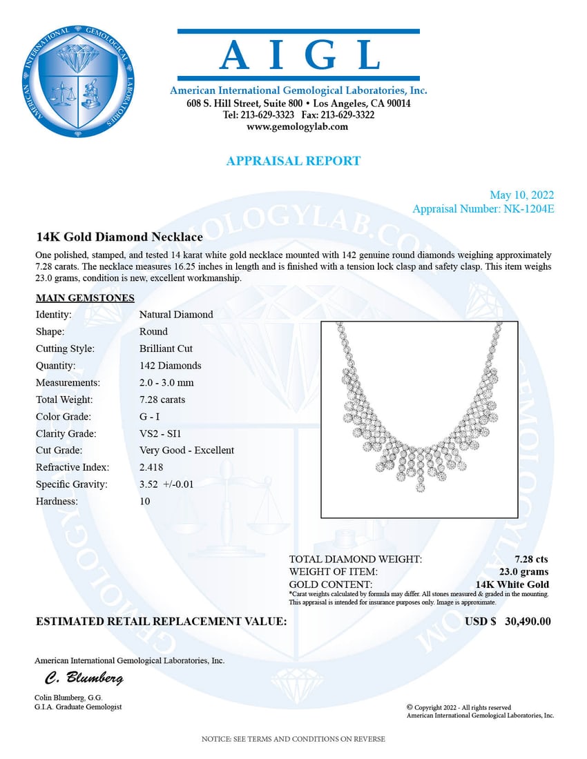 14K White Gold Setting with 7.28ct Diamond Necklace - 4
