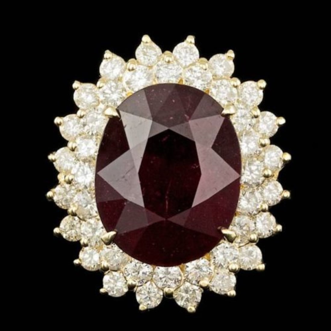 14K Yellow Gold 13.27ct Ruby and 1.96ct Diamond Ring: Retail: $9,310.00 ****** 14K Yellow Gold 13.27ct Ruby and 1.96ct Diamond Ring ****** Metal: 14K Yellow Gold / Total Item Weight: 9.3 Grams / Country Made: United States / / Main Stone: Ruby / Color: