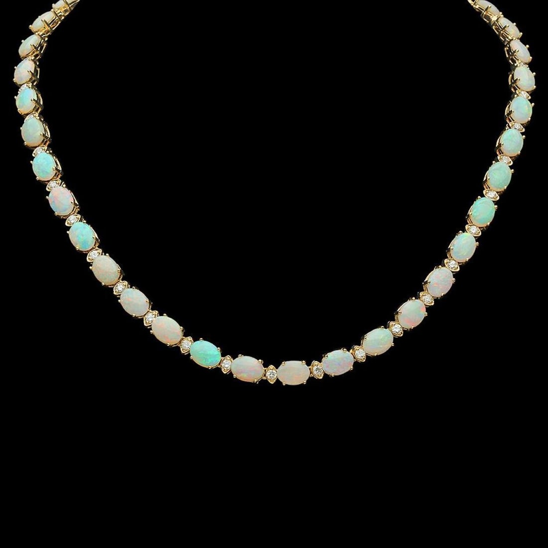 14K Gold 24.73ct Opal 2.21ct Diamond Necklace: Retail: $23,110.00 ****** 14K Gold 24.73ct Opal 2.21ct Diamond Necklace ****** Metal: 14K Solid Yellow Gold / Total Item Weight: 28.5 grams / Country Made: United States / / Main Stone: Opal /