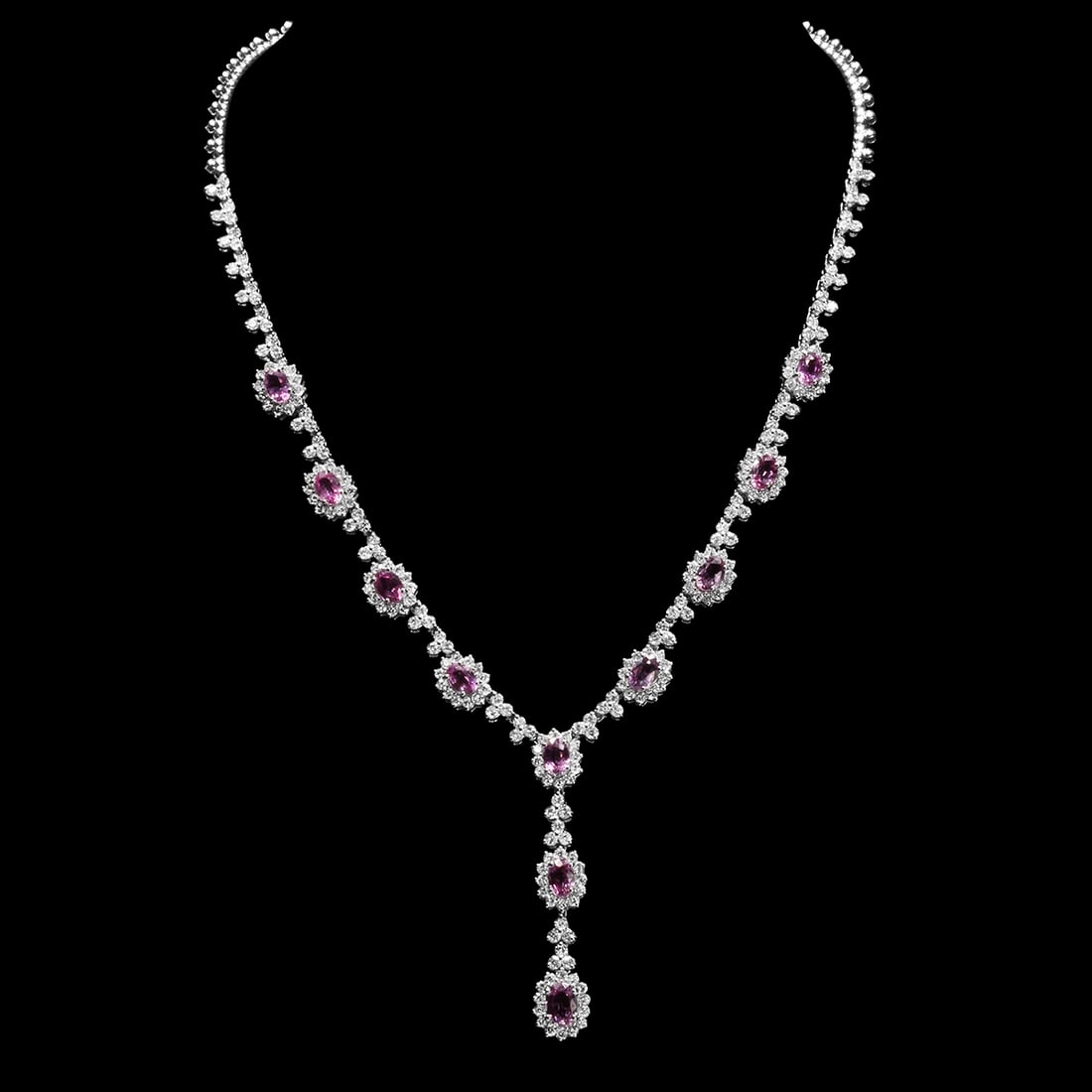 18k White Gold 7.52ct Sapphire 7.51ct Diamond Necklace: Retail: $33,768.00 ****** 18k White Gold 7.52ct Sapphire 7.51ct Diamond Necklace ****** Metal: 18K White Gold / Total Item Weight: 31.7 grams / Country Made: United States / / Main Stone: Sapphire /