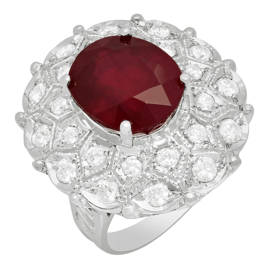 14K Gold 10.51ct Ruby and 1.76ct Diamond Ring: Retail: $10,660.00 ****** 14K Gold 10.51ct Ruby and 1.76ct Diamond Ring ****** Metal: 14K White Gold / Total Item Weight: 12.60 Grams / Country Made: United States / / Main Stone: Ruby / Color: Red
