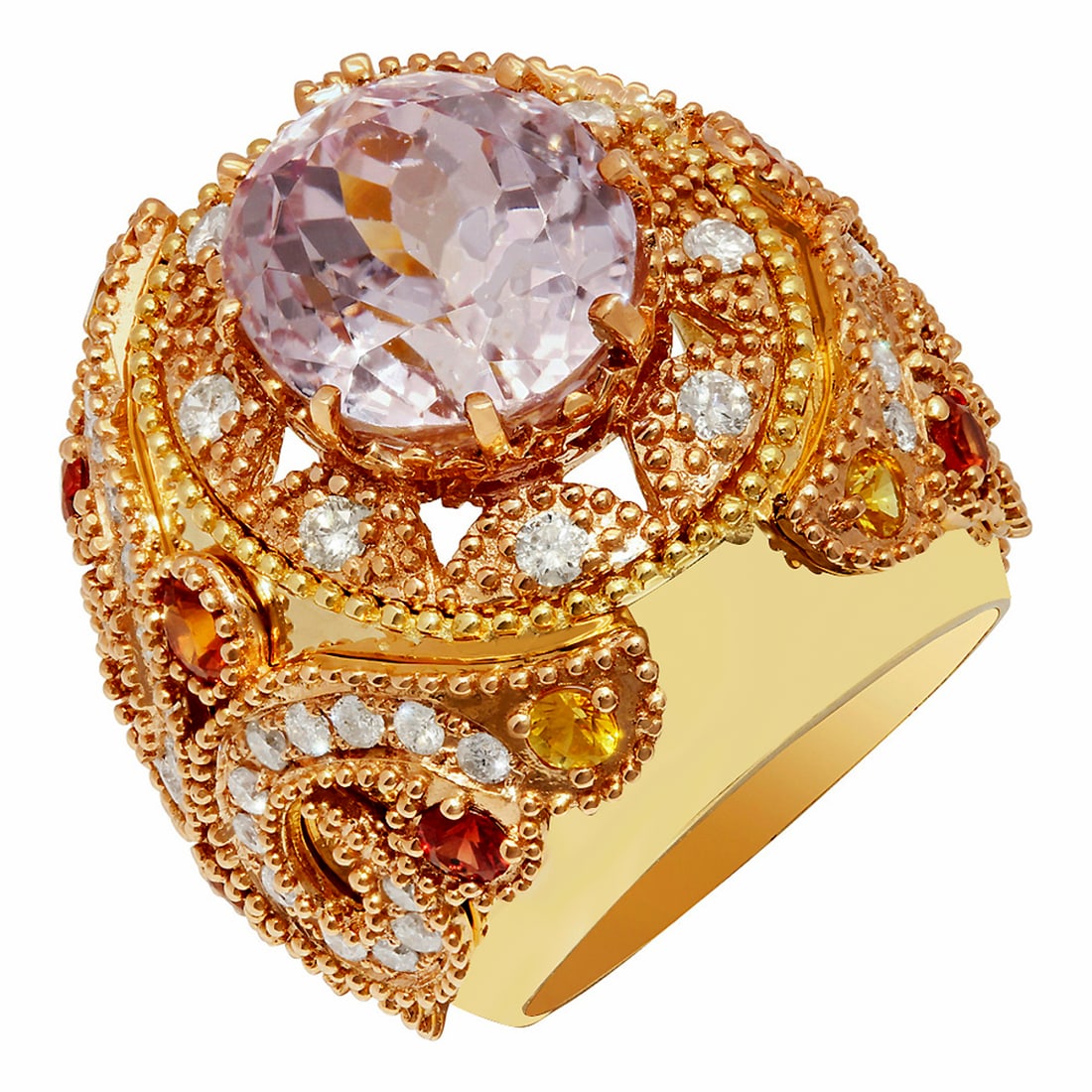 14k Yellow Gold 15.08ct Kunzite 1.20ct Sapphire 1.58ct Diamond Ring: Retail: $12,210.00 ****** 14k Yellow Gold 15.08ct Kunzite 1.20ct Sapphire 1.58ct Diamond Ring ****** Metal: 14K Yellow Gold / Total Item Weight: 19.86 grams / Country Made: United States / / Main