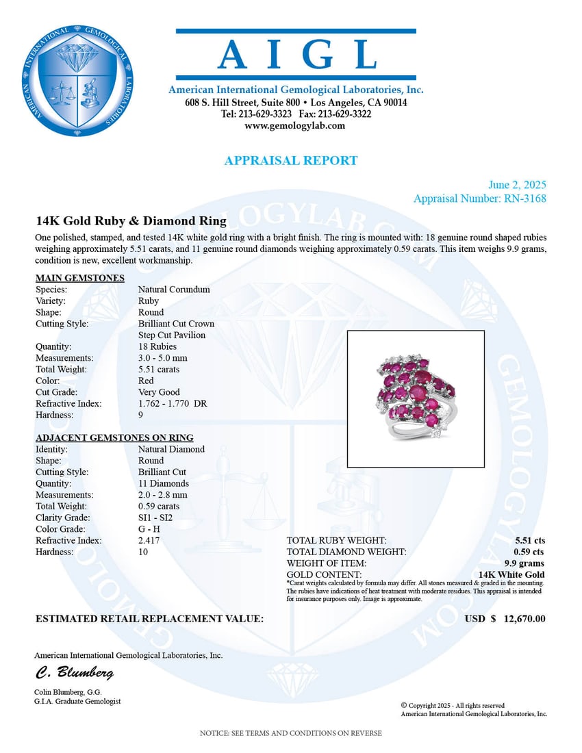 14K White Gold with 5.51ct Ruby and 0.59ct Diamond Ladies Ring - 4