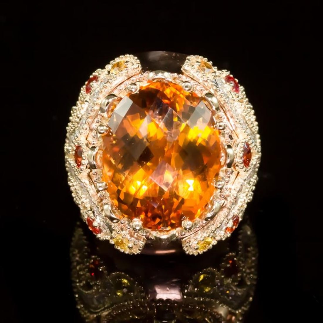 14K Rose Gold 17.89ct Citrine 1.42ct Sapphire and 1.21ct Diamond Ring: Retail: $14,720.00 ****** 14K Rose Gold 17.89ct Citrine 1.42ct Sapphire and 1.21ct Diamond Ring ****** Metal: 14K Rose Gold / Total Item Weight: 20.5 Grams / Country Made: United States / / Main