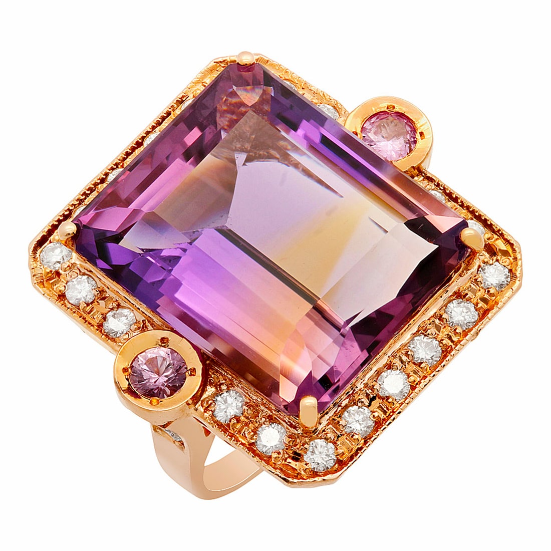 14k Rose Gold 25.80ct Amethyst 0.30ct Pink Sapphire 0.98ct Diamond Ring: Retail: $8,825.00 ****** 14k Rose Gold 25.80ct Amethyst 0.30ct Pink Sapphire 0.98ct Diamond Ring ****** Metal: 14K Rose Gold / Total Item Weight: 14.40 grams / Country Made: United States / / Main