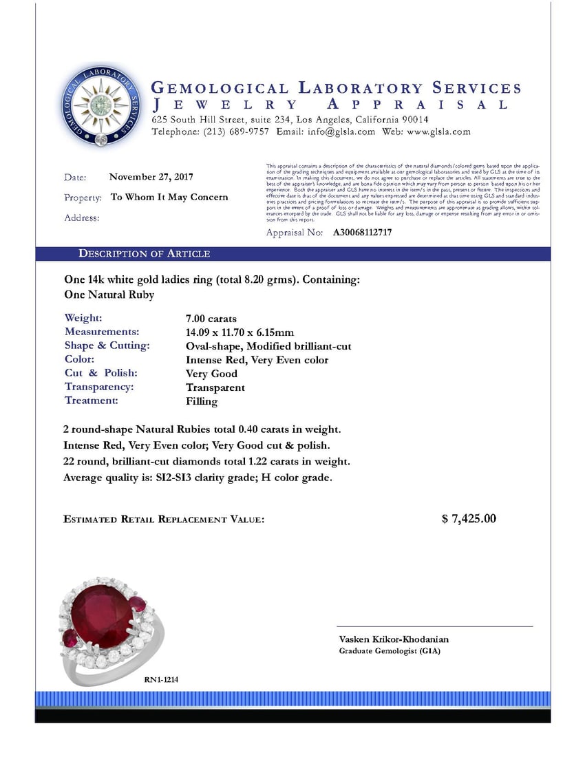 14k White Gold 7.00ct & 0.40ct Ruby 1.22ct Diamond Ring - 5