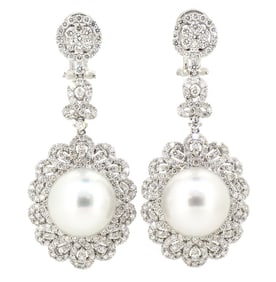 18K White Gold Ladies Earrings with Silver Pink South Sea Pearls and 4.05ct tw Adjacent Diamonds