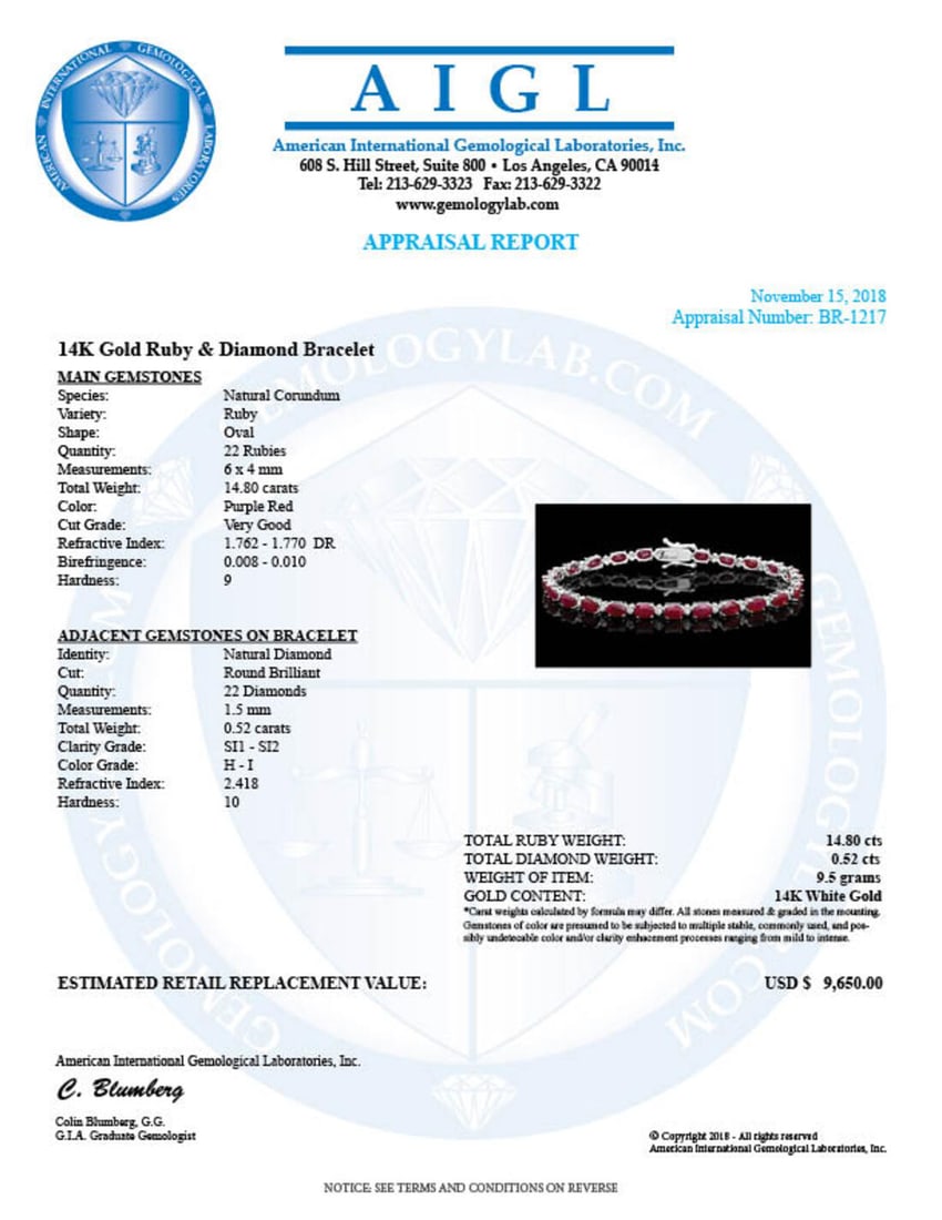 14K Gold 14.80ct Ruby 0.52ct Diamond Bracelet - 6