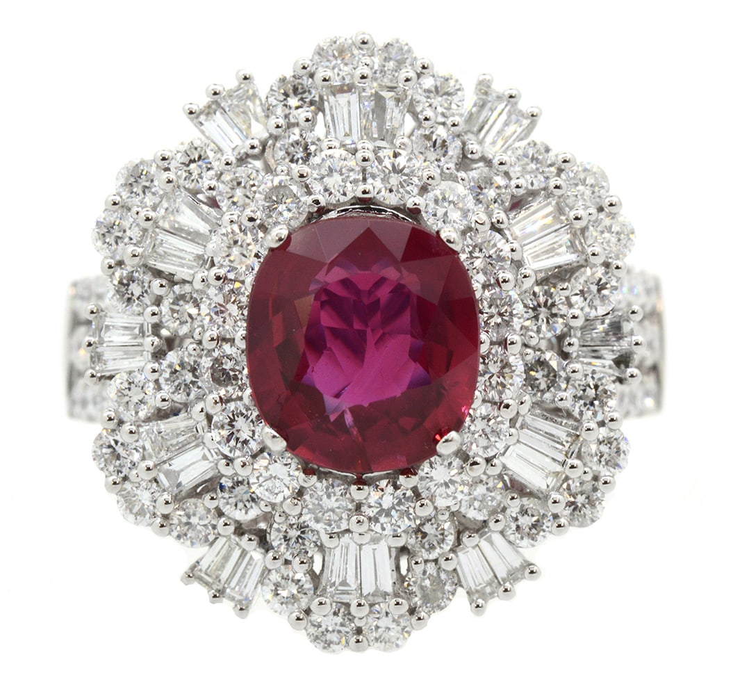 18K White Gold Ladies Ring with 2.21ct GIA Certified Ruby and 1.73ct tw Adjacent Diamonds: Retail: $32,500.00 ****** 18K White Gold Ladies Ring with 2.21ct GIA Certified Ruby and 1.73ct tw Adjacent Diamonds ****** Size: 6.5 / Metal: 18K White Gold / Total Item Weight: 6.8 Grams / Country Ma