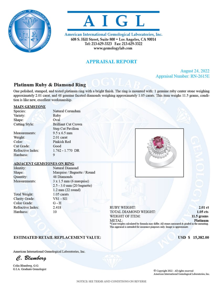 Platinum Setting with 2.01ct Ruby and 1.05ct Diamond Ladies Ring - 5