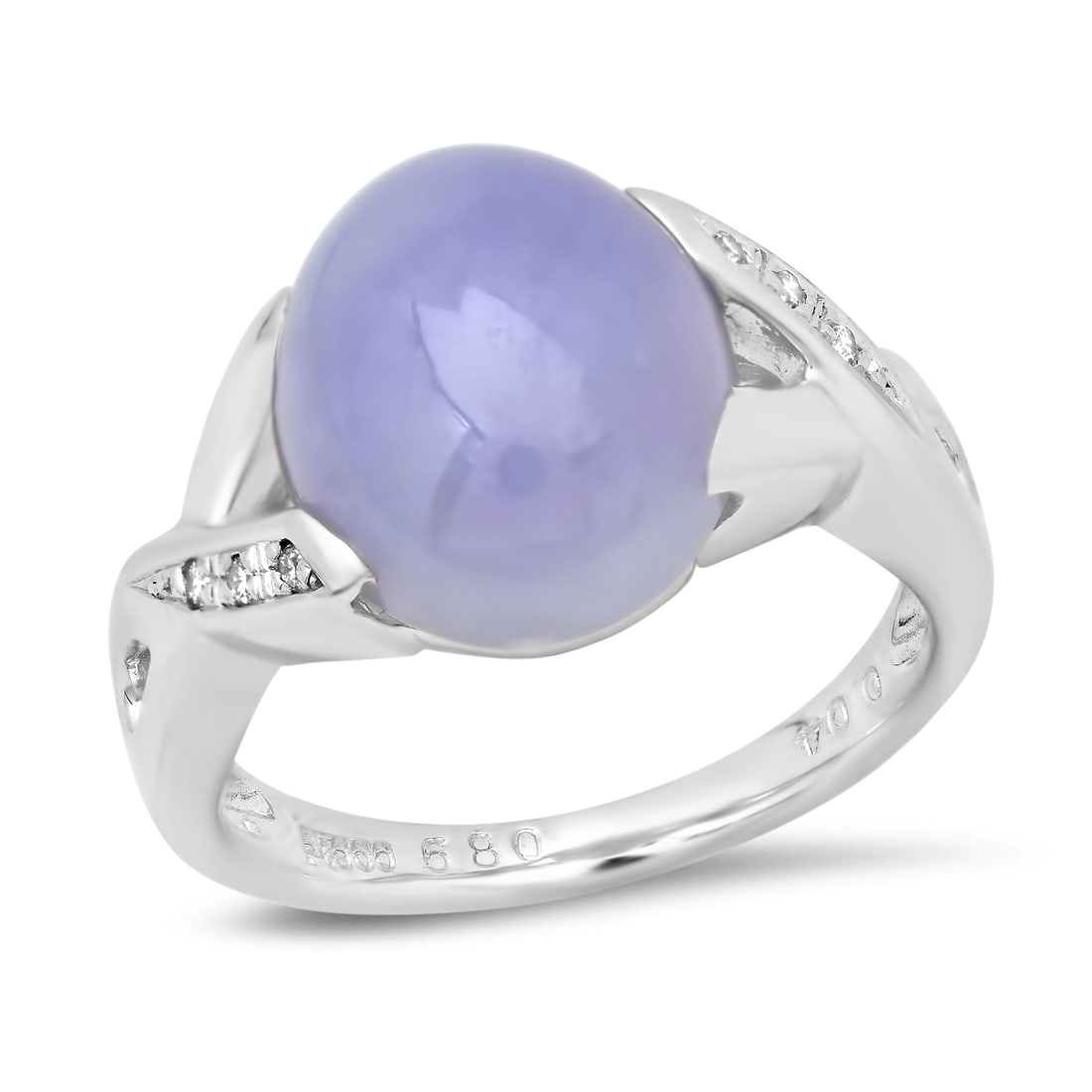 Platinum Setting with 6.8ct Lavender Jade and 0.04ct Diamond Ladies Ring: Retail: $5,400.00 ****** Platinum Setting with 6.8ct Lavender Jade and 0.04ct Diamond Ladies Ring ****** Size: 6.5(we offer free resizing to winning bidders) / Metal: Platinum / Total Item Weight: