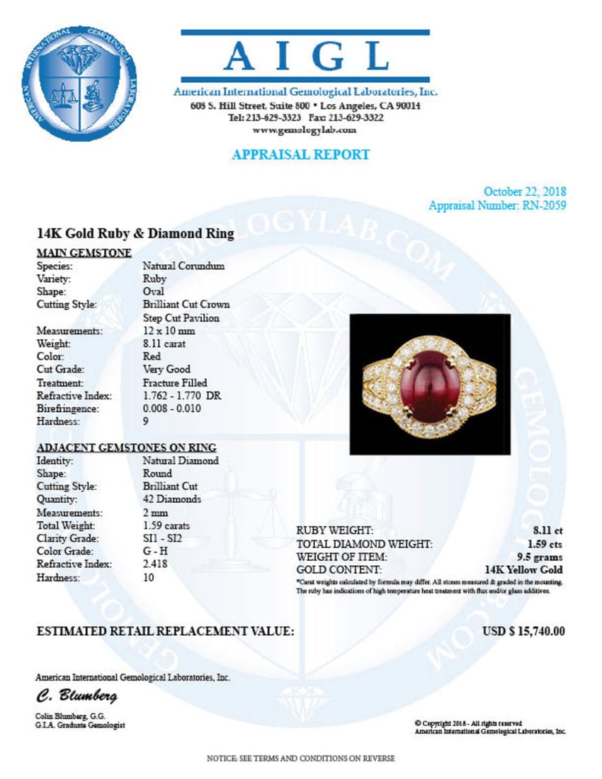 14K Yellow Gold 8.11ct Ruby and 1.59ct Diamond Ring - 5