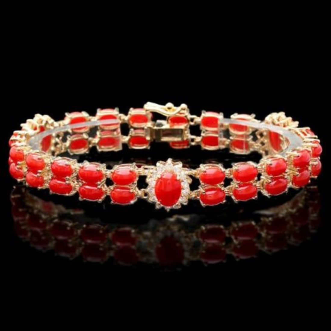 14K Gold 16.81ct Coral 1.14ct Diamond Bracelet: Retail: $16,750.00 ****** 14K Gold 16.81ct Coral 1.14ct Diamond Bracelet ****** Metal: 14K Yellow Gold / Total Item Weight: 18.5 Grams / Country Made: United States / / Main Stone: Coral / Color: