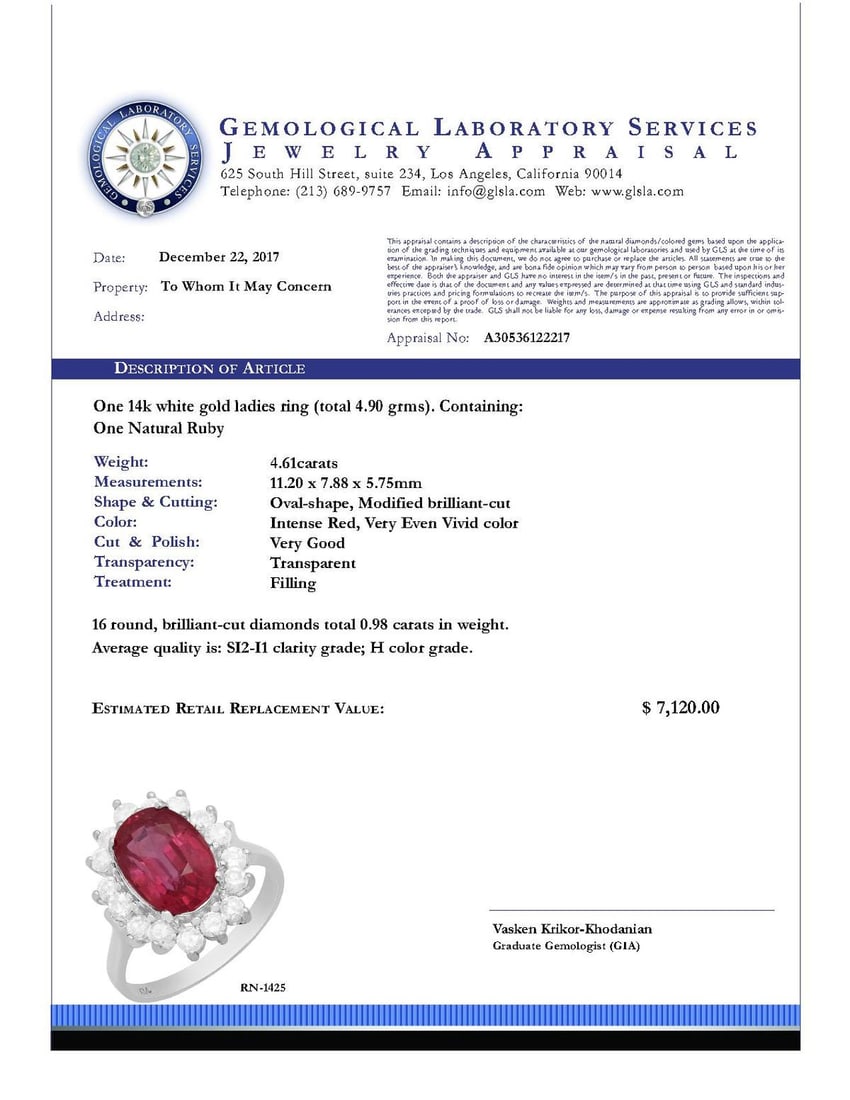 14k White Gold 4.61ct Ruby 0.98ct Diamond Ring - 4