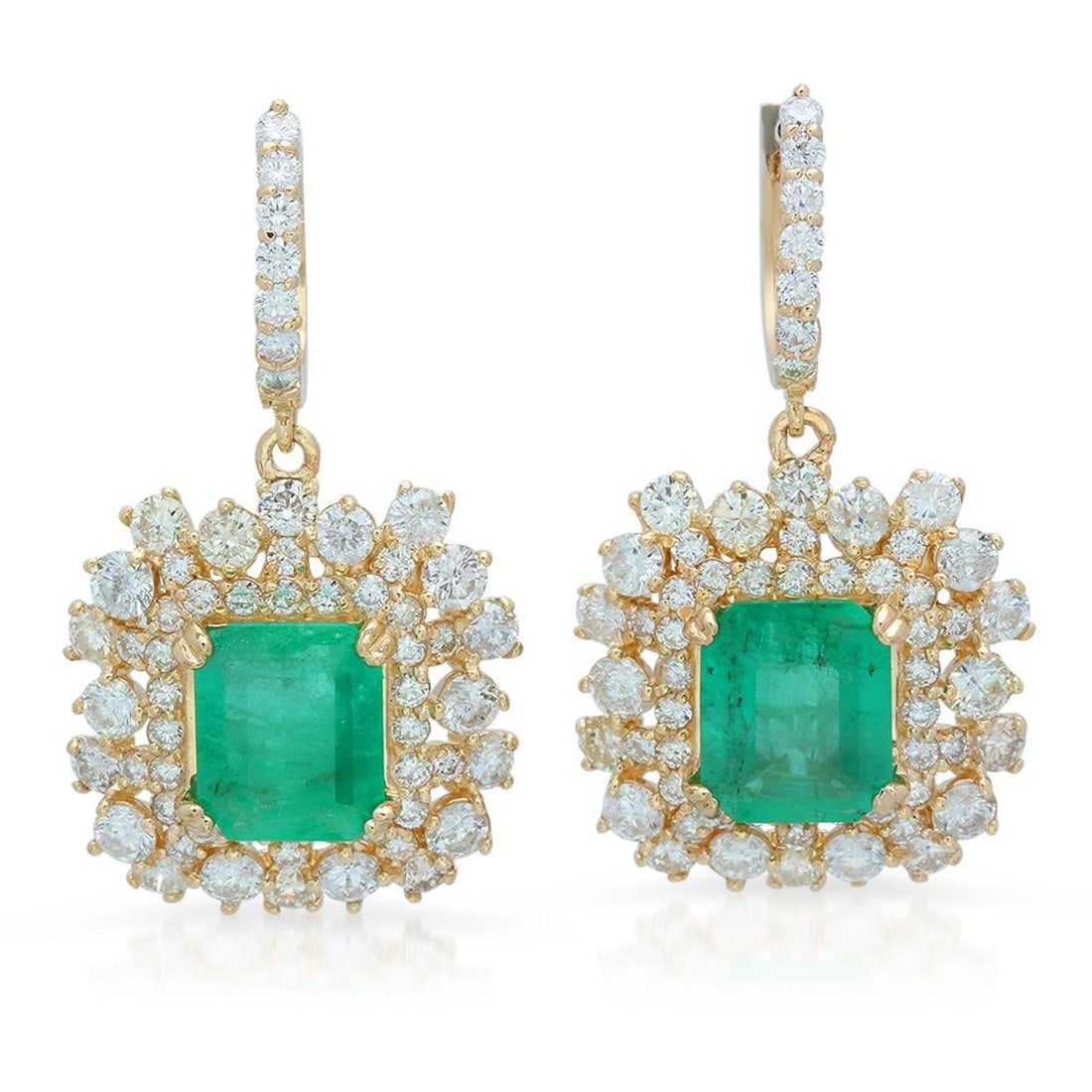 14K Gold 6.41ct Emerald 5.91ct Diamond Earrings: Retail: $34,282.00 ****** 14K Gold 6.41ct Emerald 5.91ct Diamond Earrings ****** Metal: 14K Solid Gold / Total Item Weight: 13.2 grams / Country Made: United States / / Main Stone: Emerald / Color: Gr