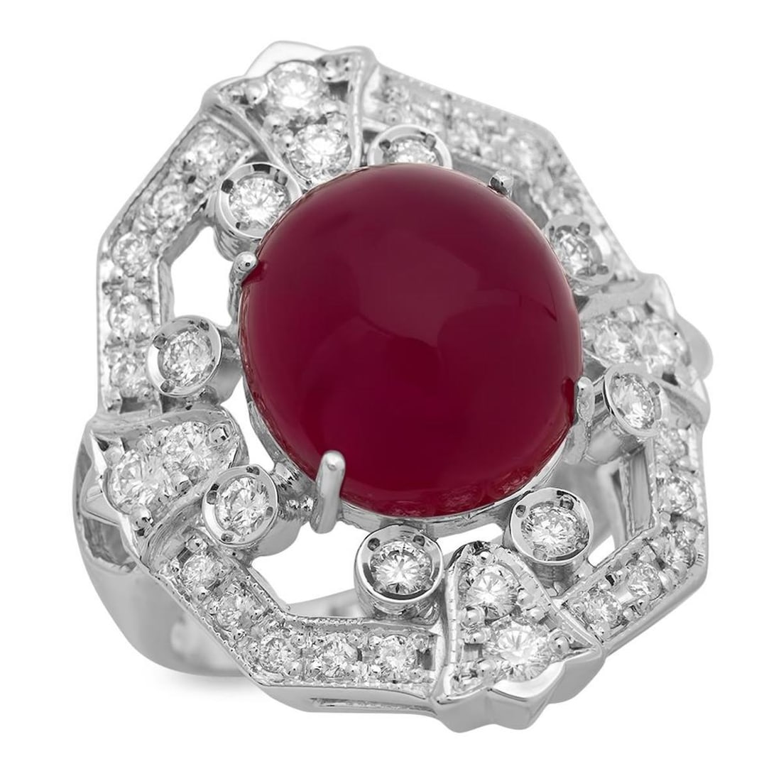 14K White Gold 14.68ct Ruby and 1.10ct Diamond Ring: Retail: $9,650.00 ****** 14K White Gold 14.68ct Ruby and 1.10ct Diamond Ring ****** Metal: 14K White Gold / Total Item Weight: 11.8 Grams / Country Made: United States / / Main Stone: Ruby / Color: Re