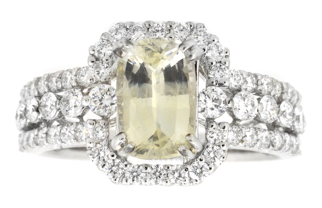 18K White Gold Ladies Ring with 1.77ct GIA Certified Sapphire and 0.92ct tw Adjacent Diamonds: Retail: $8,000.00 ****** 18K White Gold Ladies Ring with 1.77ct GIA Certified Sapphire and 0.92ct tw Adjacent Diamonds ****** Size: 6.5 / Metal: 18K White Gold / Total Item Weight: 4.4 Grams /