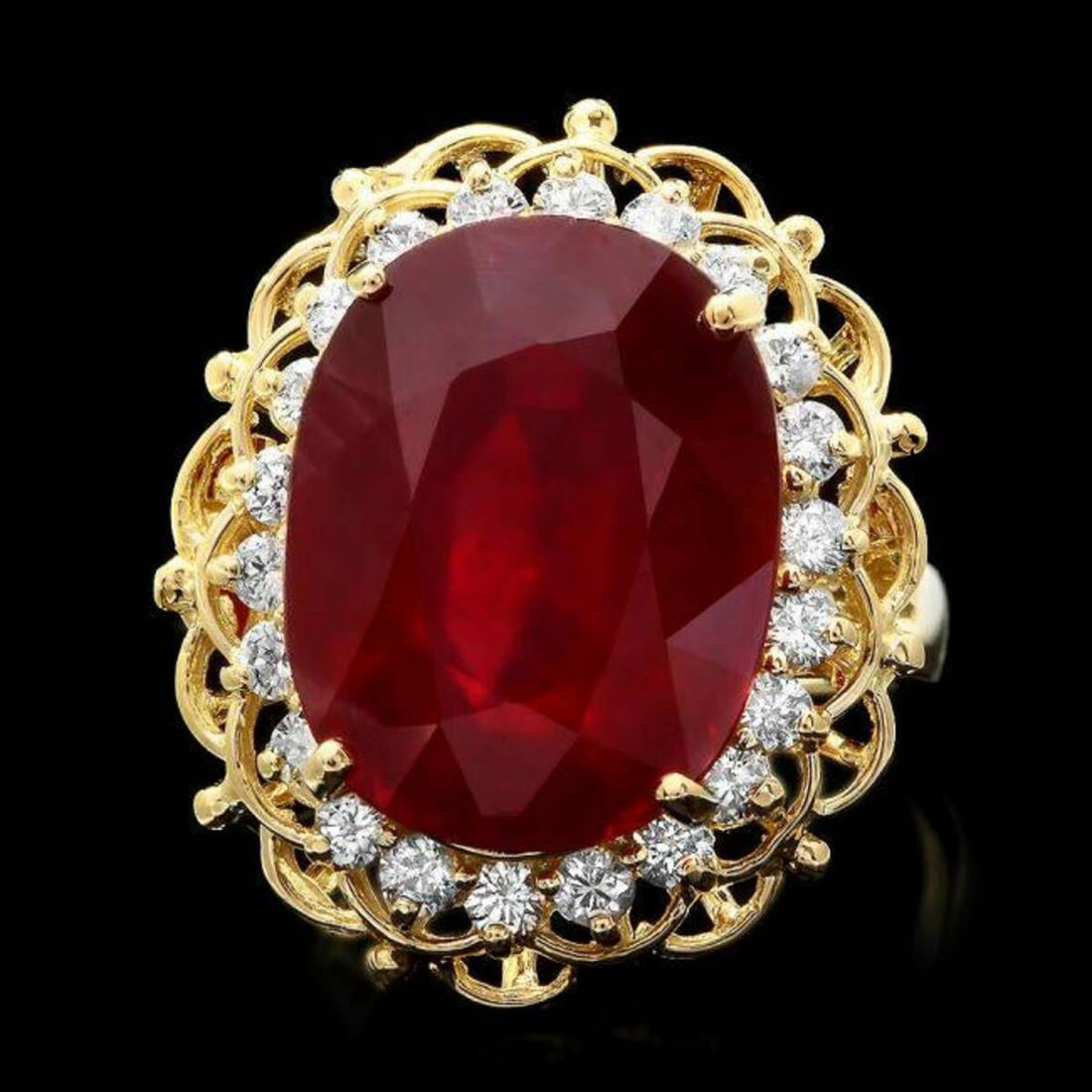 14K Yellow Gold 15.78ct Ruby and 0.70ct Diamond Ring: Retail: $9,438.00 ****** 14K Yellow Gold 15.78ct Ruby and 0.70ct Diamond Ring ****** Metal: 14K Yellow Gold / Total Item Weight: 12.0 Grams / Country Made: United States / / Main Stone: Ruby / Color: