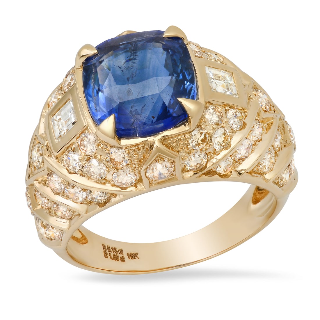 18K Yellow Gold Setting with 5.13ct Sapphire and 1.85ct Diamond Ladies Ring: Retail: $23,200.00 ****** 18K Yellow Gold Setting with 5.13ct Sapphire and 1.85ct Diamond Ladies Ring ****** Size: 6.75(we offer free resizing to winning bidders) / Metal: 18K Yellow Gold / Total