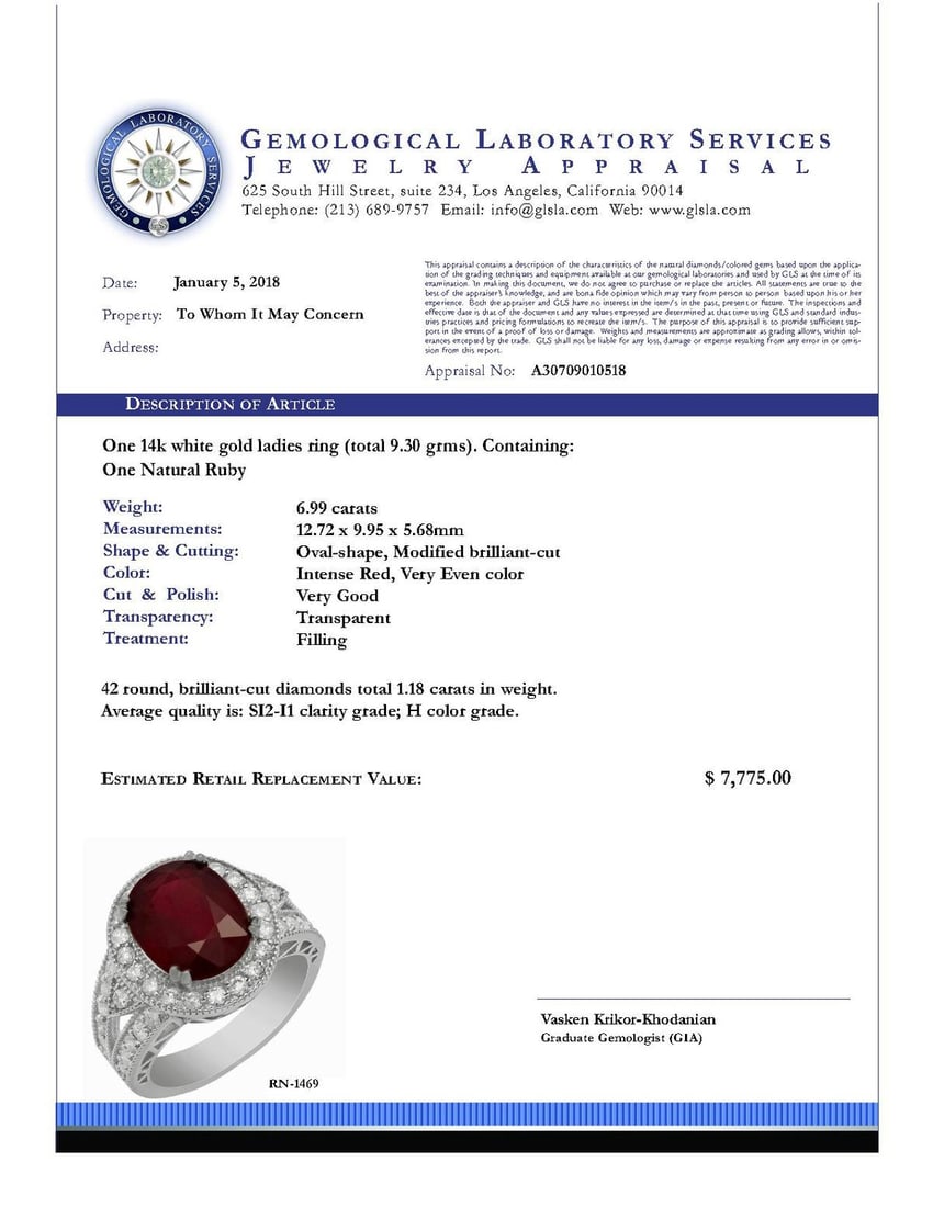 14k White Gold 6.99ct Ruby 1.18ct Diamond Ring - 4