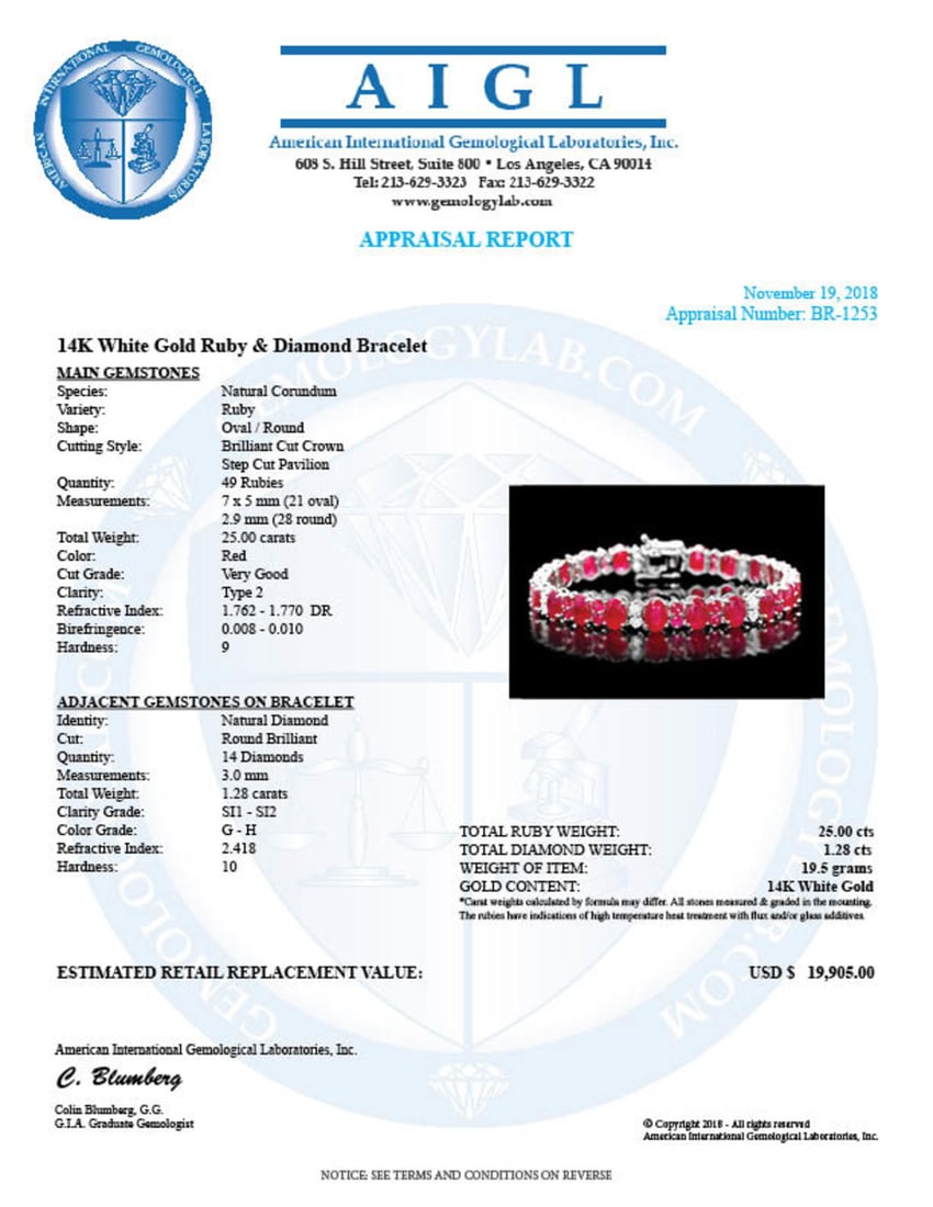 14K Gold 25.0ct Ruby 1.28ct Diamond Bracelet - 6