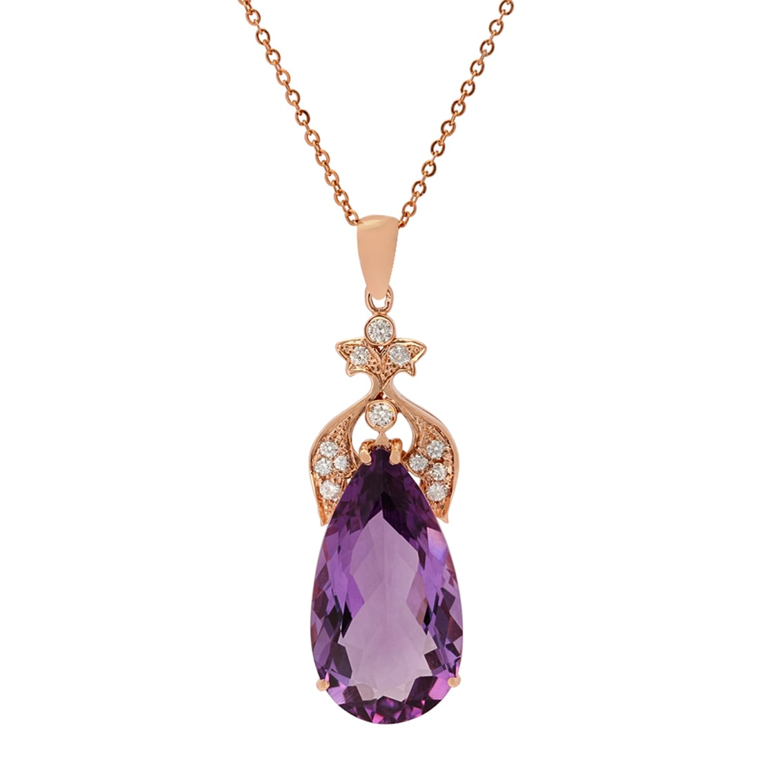 14k Rose Gold 24.96ct Amethyst 0.57ct Diamond Pendant: Retail: $10,840.00 ****** 14k Rose Gold 24.96ct Amethyst 0.57ct Diamond Pendant ****** Metal: 14K Rose Gold / Total Item Weight: 11.97 grams / Country Made: United States / / Main Stone: Amethyst /