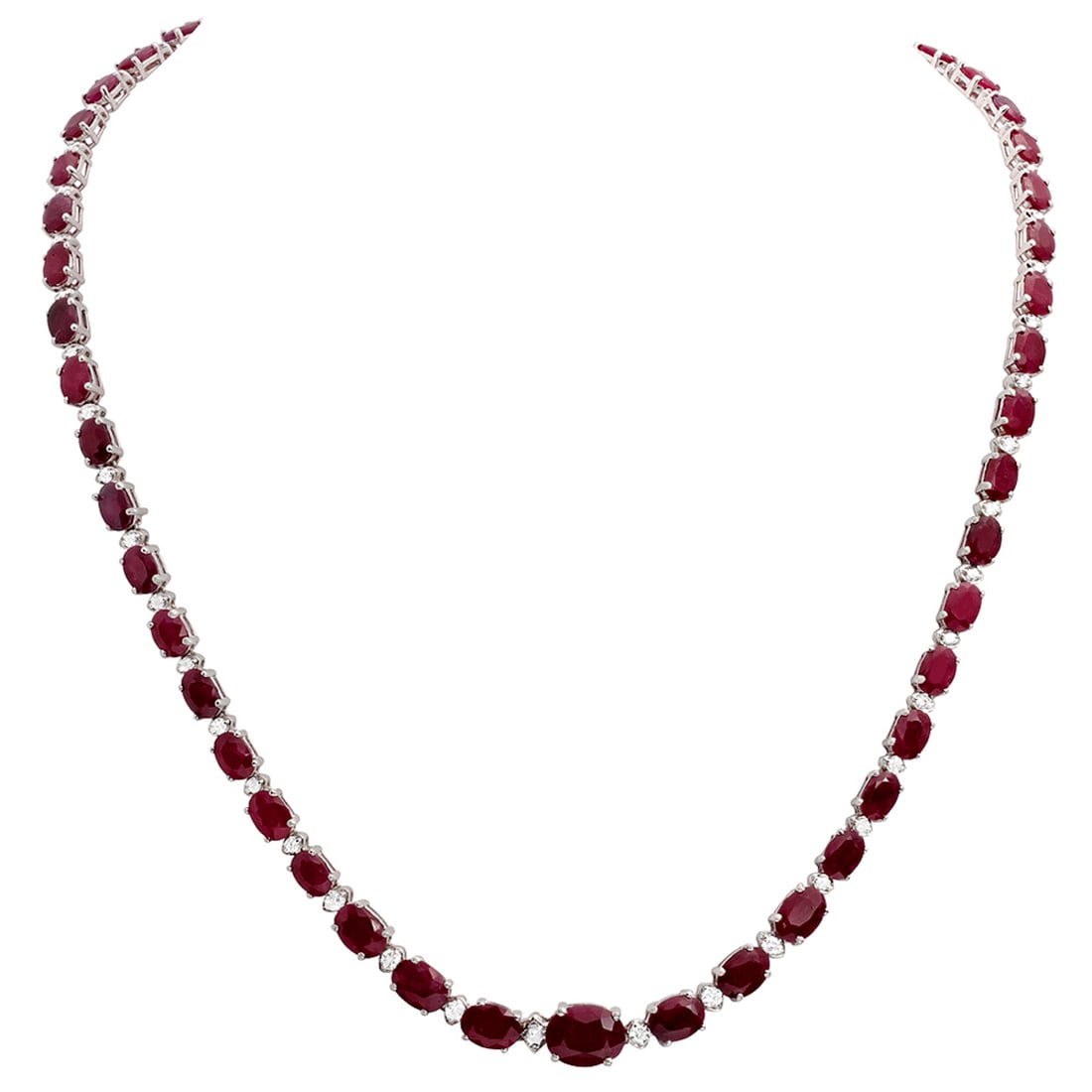 14k White Gold 30.47ct Ruby 1.31ct Diamond Necklace: Retail: $15,750.00 ****** 14k White Gold 30.47ct Ruby 1.31ct Diamond Necklace ****** Metal: 14K White Gold / Total Item Weight: 21.20 grams / Country Made: United States / / Main Stone: Ruby /