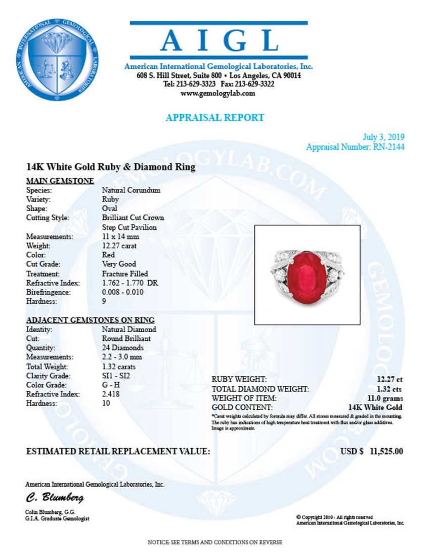 14K White Gold 12.27ct Ruby and 1.32ct Diamond Ring - 5
