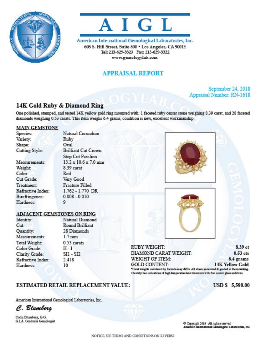 14K Yellow Gold 8.39ct Ruby and 0.53ct Diamond Ring - 5