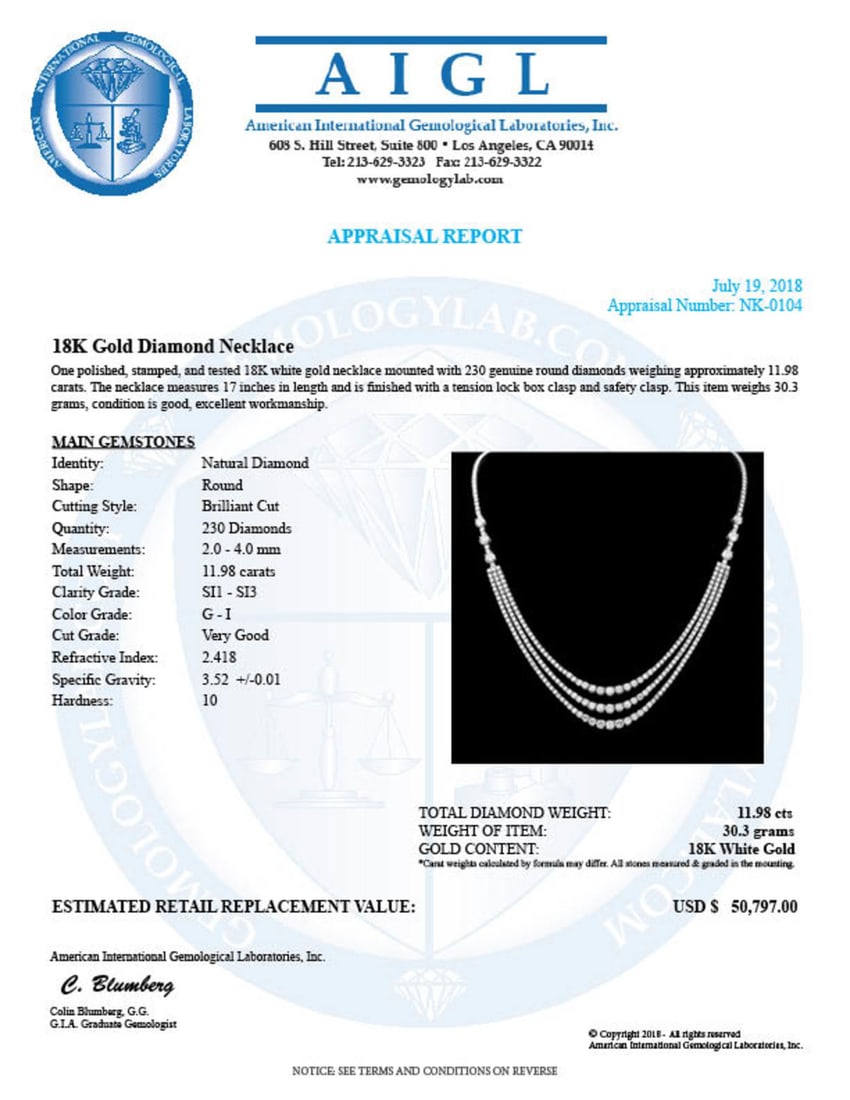14K Gold 11.98ct Diamond Necklace - 5