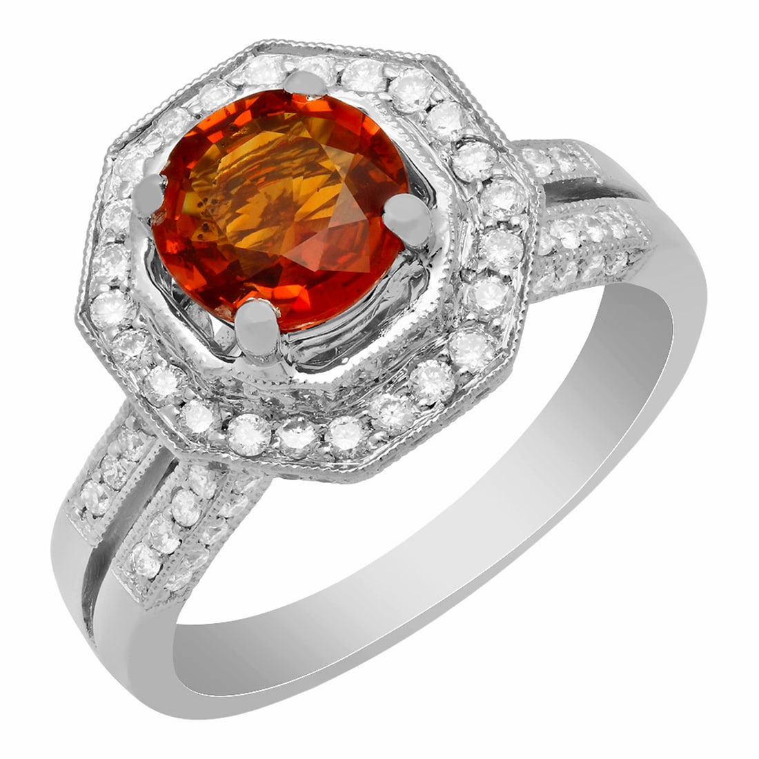 14k White Gold 2.39ct Orange Sapphire 0.68ct Diamond Ring: Retail: $6,495.00 ****** 14k White Gold 2.39ct Orange Sapphire 0.68ct Diamond Ring ****** Metal: 14K White Gold / Total Item Weight: 6.40 grams / Country Made: United States / / Main Stone: Orange