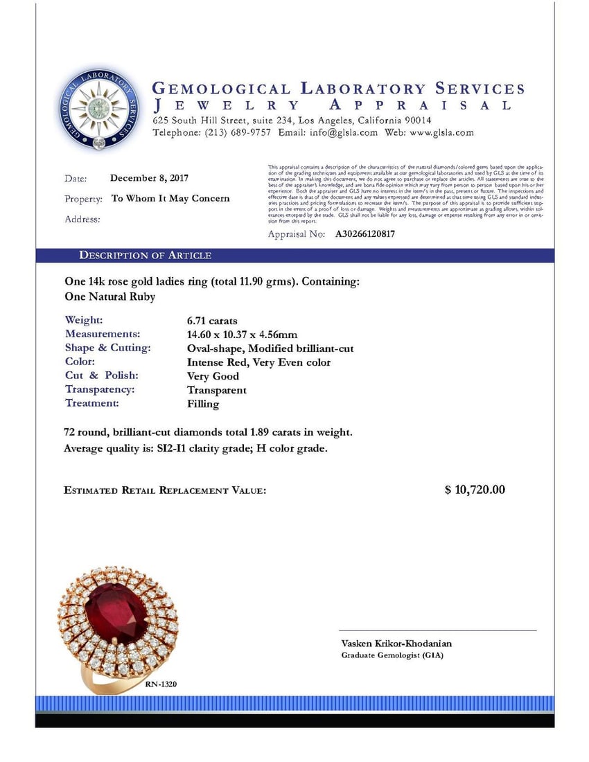14k Rose Gold 6.71ct Ruby 1.89ct Diamond Ring - 5