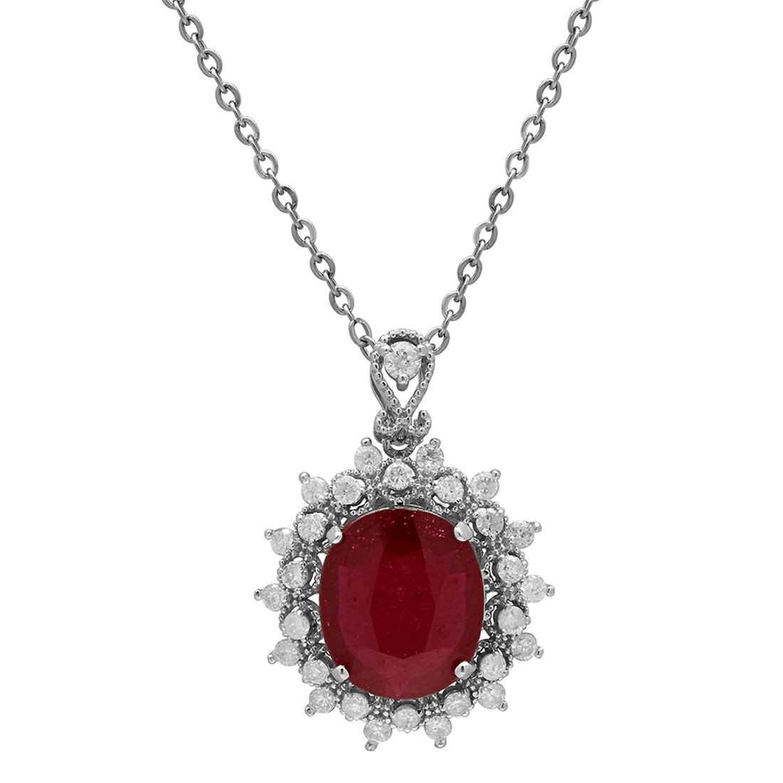 14k White Gold 5.41ct Ruby 0.86ct Diamond Pendant: Retail: $4,945.00 ****** 14k White Gold 5.41ct Ruby 0.86ct Diamond Pendant ****** Metal: 14K White Gold / Total Item Weight: 4.50 grams / Country Made: United States / / Main Stone: Ruby / Color: