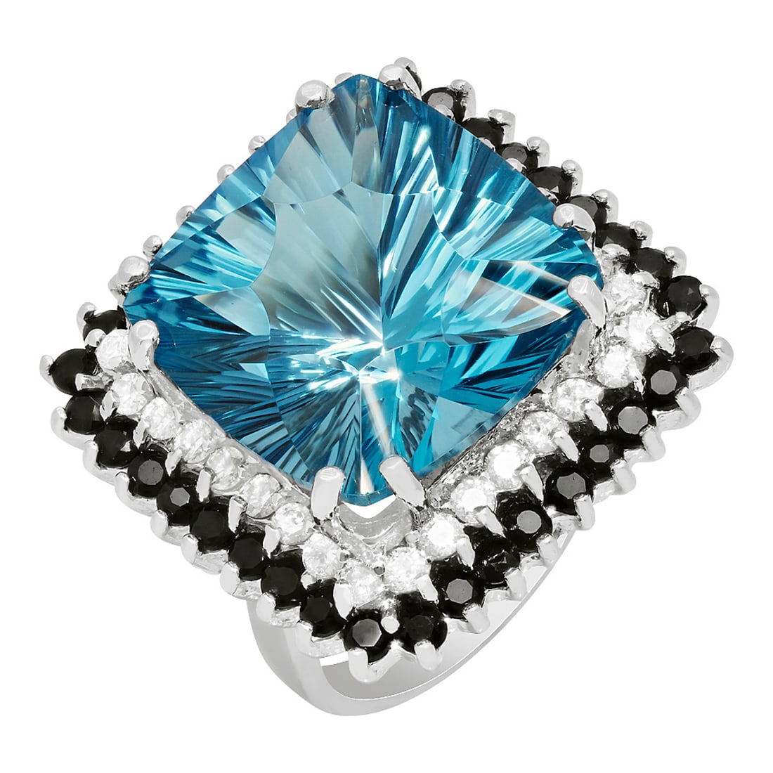 14k White Gold 21.01ct Blue Topaz 1.56ct Blue Sapphire 0.79ct Diamond Ring: Retail: $12,625.00 ****** 14k White Gold 21.01ct Blue Topaz 1.56ct Blue Sapphire 0.79ct Diamond Ring ****** Metal: 14K White Gold / Total Item Weight: 15.20 grams / Country Made: United States / /