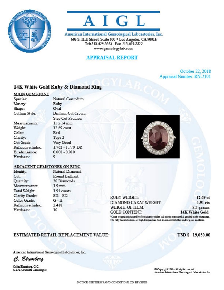 14K White Gold 12.69ct Ruby and 1.91ct Diamond Ring - 5