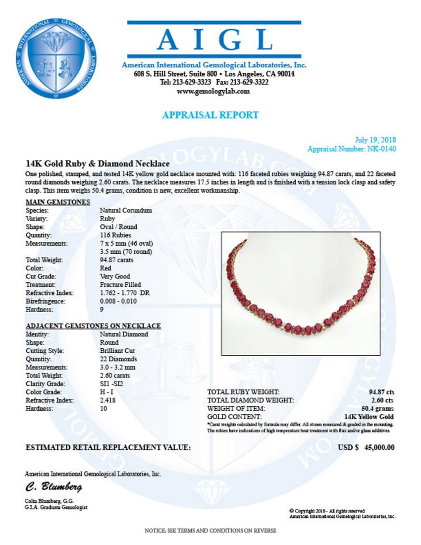 14K Gold 94.87ct Ruby 2.60ct Diamond Necklace - 5