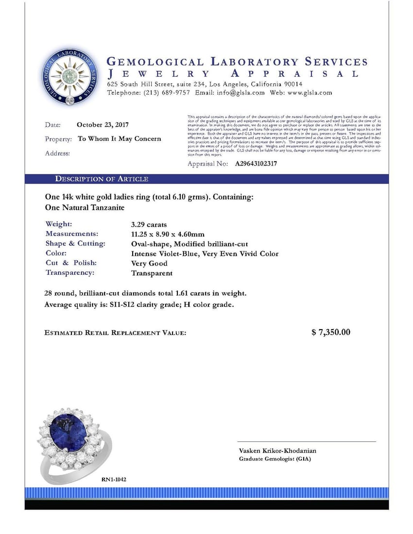 14k White Gold 3.29ct Tanzanite 1.61ct Diamond Ring - 4