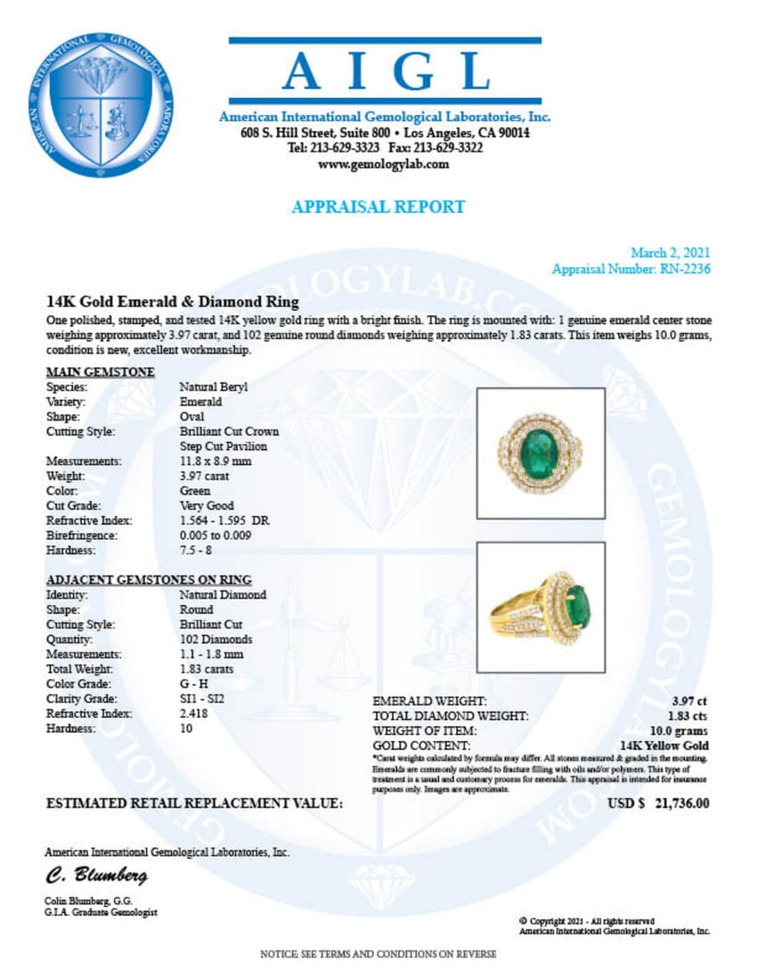 14K Yellow Gold 3.97ct Emerald and 1.83ct Diamond Ring - 6