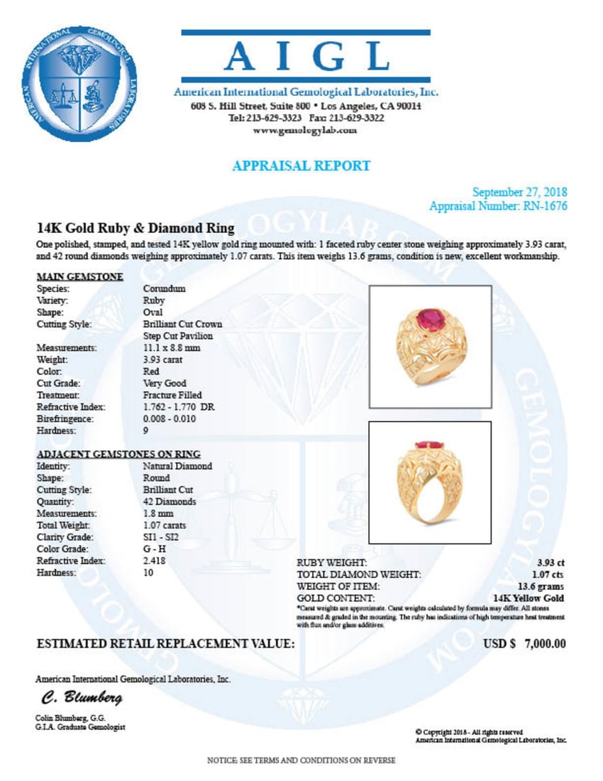 14K Yellow Gold 3.93ct Ruby and 1.07ct Diamond Ring - 5