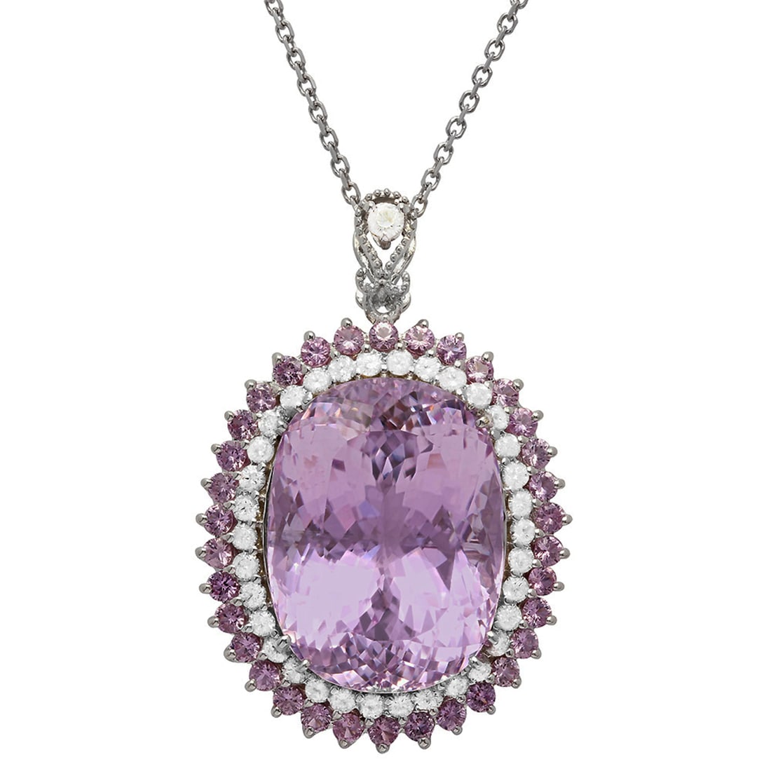 14k White Gold 51.32ct Kunzite 2.05ct Sapphire 1.60ct Diamond Pendant: Retail: $21,750.00 ****** 14k White Gold 51.32ct Kunzite 2.05ct Sapphire 1.60ct Diamond Pendant ****** Metal: 14K White Gold / Total Item Weight: 23.70 grams / Country Made: United States / / Main