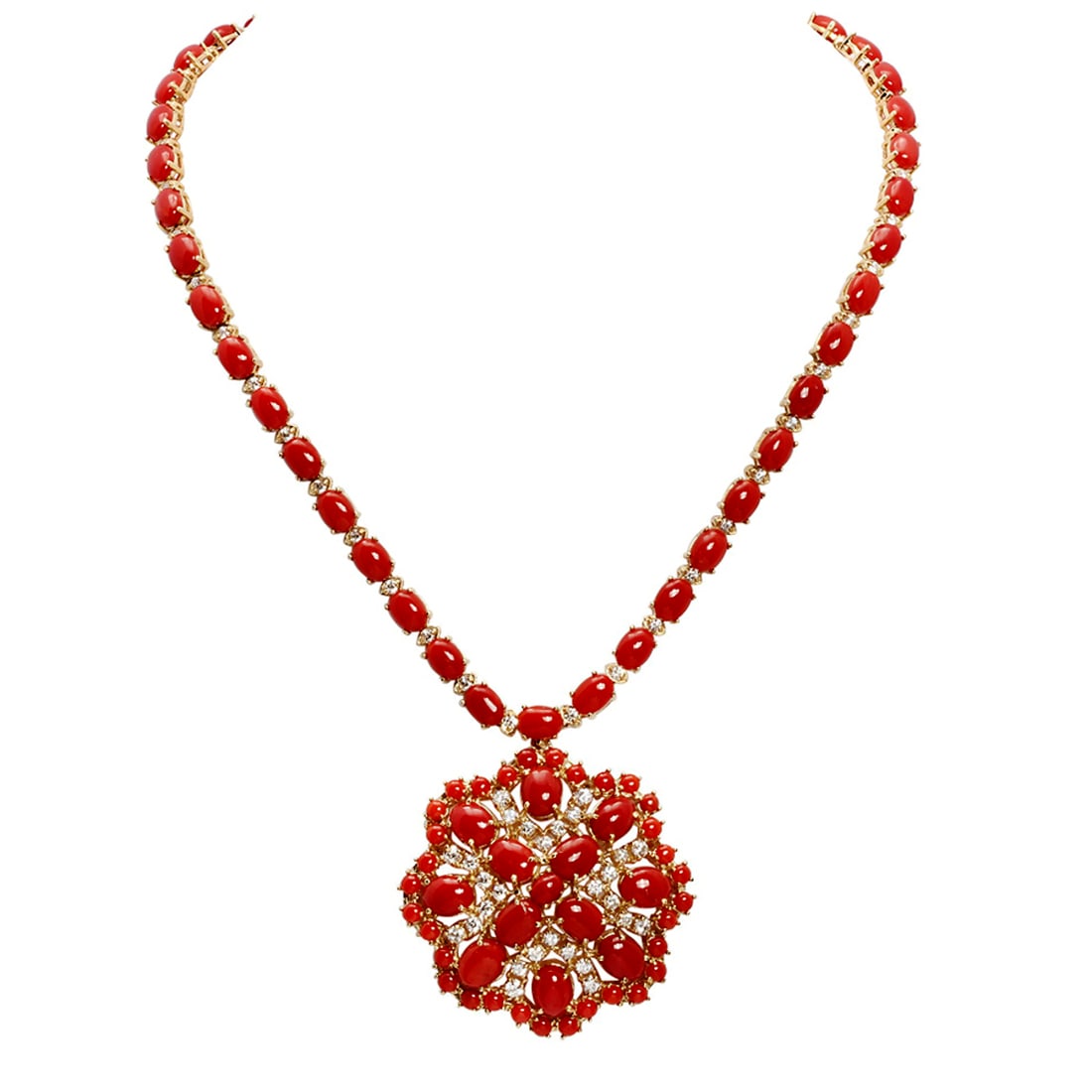 14k Yellow Gold 46.91ct Coral 3.14ct Diamond Necklace: Retail: $29,925.00 ****** 14k Yellow Gold 46.91ct Coral 3.14ct Diamond Necklace ****** Metal: 14K Yellow Gold / Total Item Weight: 44.50 grams / Country Made: United States / / Main Stone: Coral /