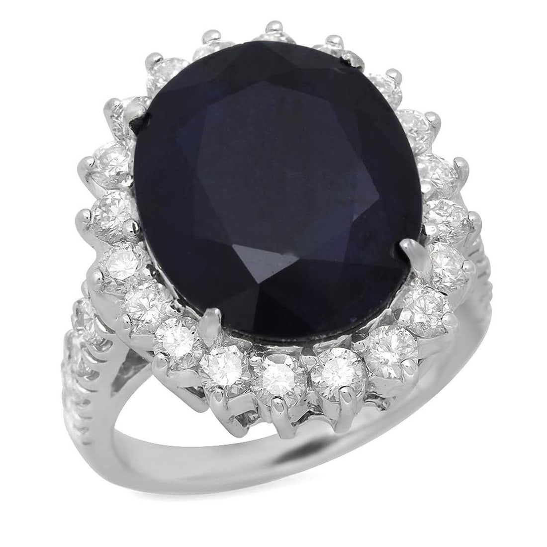 14K White Gold 11.40ct Sapphire and 1.77ct Diamond Ring: Retail: $9,470.00 ****** 14K White Gold 11.40ct Sapphire and 1.77ct Diamond Ring ****** Metal: 14K White Gold / Total Item Weight: 8.7 Grams / Country Made: United States / / Main Stone: Sapphire /