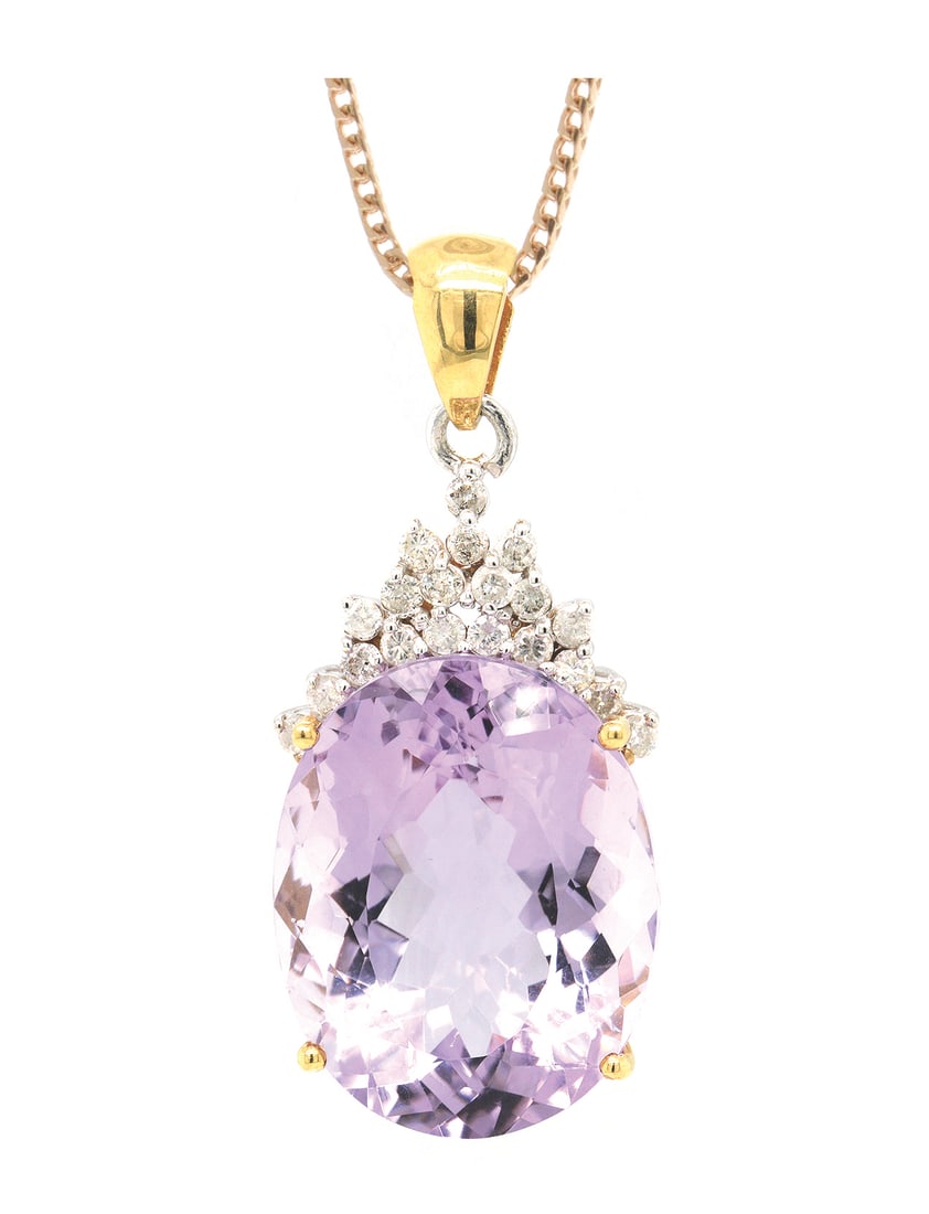 14K Yellow and White Gold Ladies Pendant with 29.25ct Amethyst and 0.60tcw Adjacent Diamonds: Retail: $9,500.00 ****** 14K Yellow and White Gold Ladies Pendant with 29.25ct Amethyst and 0.60tcw Adjacent Diamonds ****** Size: 16 Chain / Metal: 14K Yellow and White Gold / Total Item Weight: