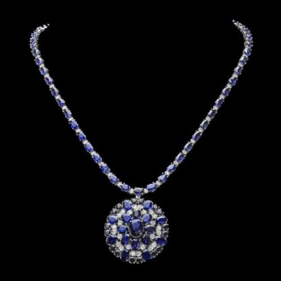 14K White Gold 43.37ct Sapphire and 2.48ct Diamond Necklace: Retail: $42,737.00 ****** 14K White Gold 43.37ct Sapphire and 2.48ct Diamond Necklace ****** Metal: 14K White Gold / Total Item Weight: 32.0 Grams / Country Made: United States / / Main Stone: