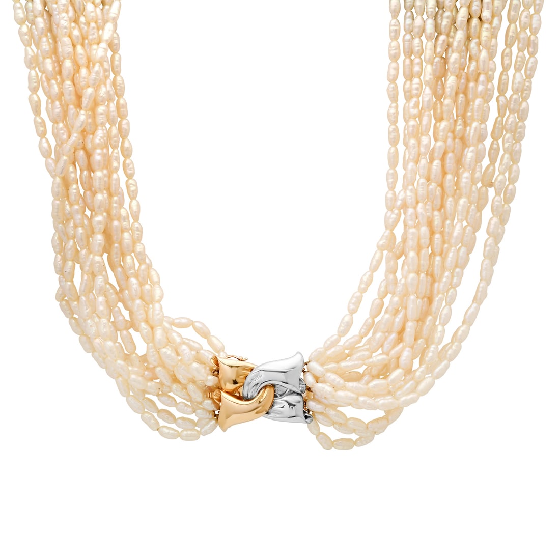Fresh Water Multi Strand White Pearl Necklace with 14K Bicolored Gold Clasp: Retail: $2,360.00 ****** Fresh Water Multi Strand White Pearl Necklace with 14K Bicolored Gold Clasp ****** Size: 18 / Metal: 14K White and Yellow Gold / Total Item Weight: 109 Grams / Country Made: U