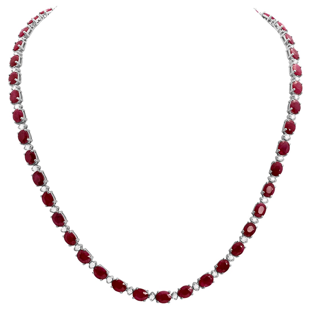 14k White Gold 38.51ct Ruby 1.49ct Diamond Necklace: Retail: $16,050.00 ****** 14k White Gold 38.51ct Ruby 1.49ct Diamond Necklace ****** Metal: 14K White Gold / Total Item Weight: 25.20 grams / Country Made: United States / / Main Stone: Ruby /