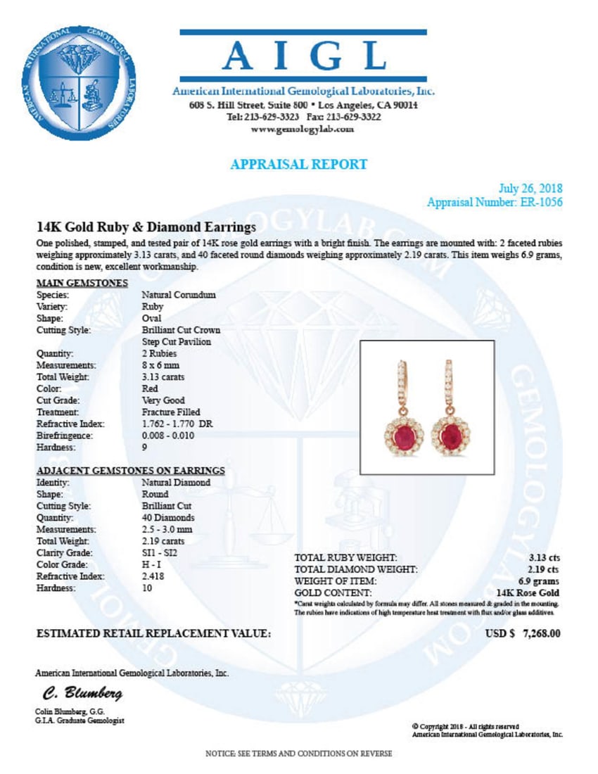 14K Gold 3.13ct Ruby 2.19cts Diamond Earrings - 4