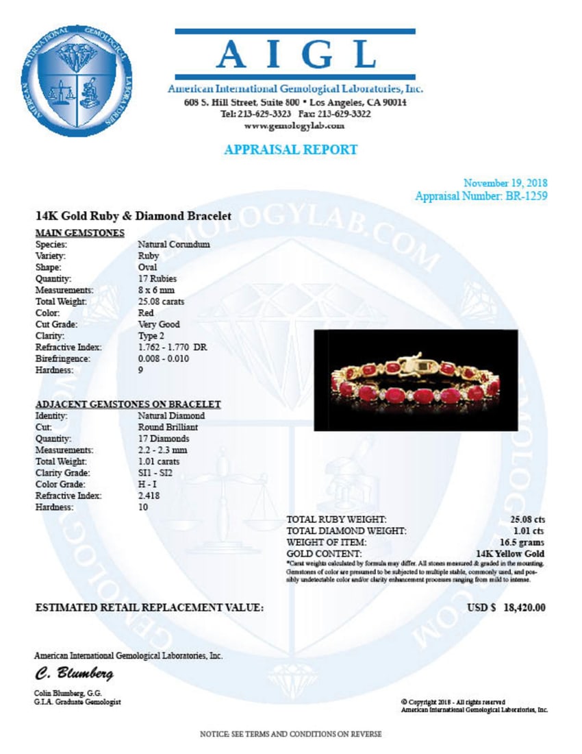 14K Gold 25.08ct Ruby 1.01ct Diamond Bracelet - 5