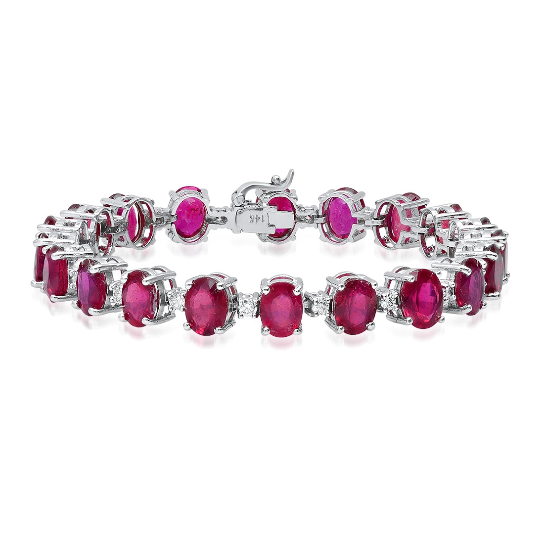 14k White Gold 33.98ct Ruby and 1.20ct Diamond Bracelet: Retail: $14,132.00 ****** 14k White Gold 33.98ct Ruby and 1.20ct Diamond Bracelet ****** Metal: 14K White Gold / Total Item Weight: 22.8 Grams / Country Made: United States / / Main Stone: Ruby /