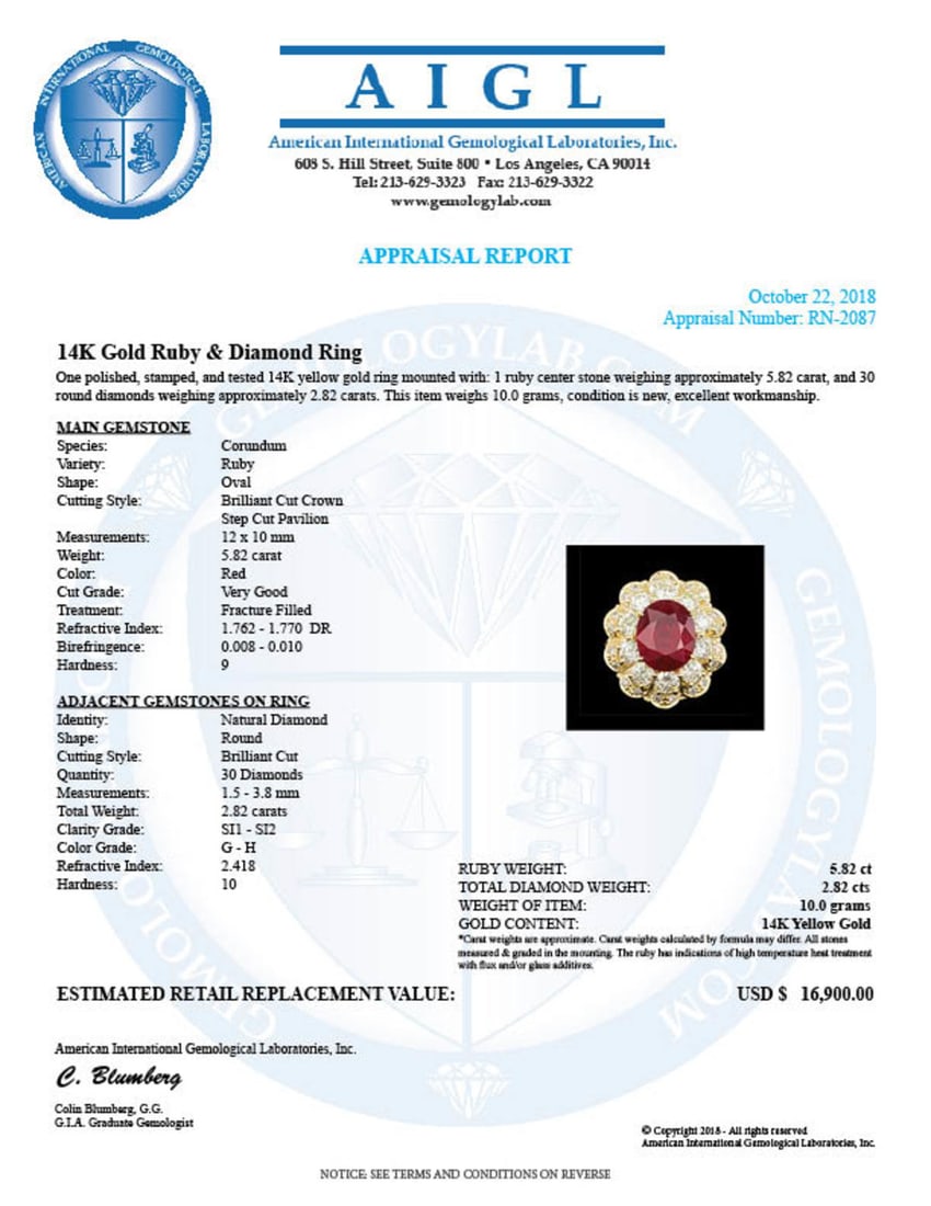 14K Yellow Gold 5.82ct Ruby and 2.82ct Diamond Ring - 5